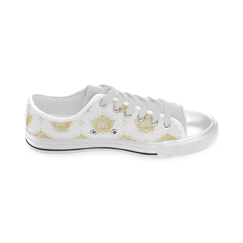 Gold Ornamental lotue waterlily symbol pattern Men's Low Top Canvas Shoes White