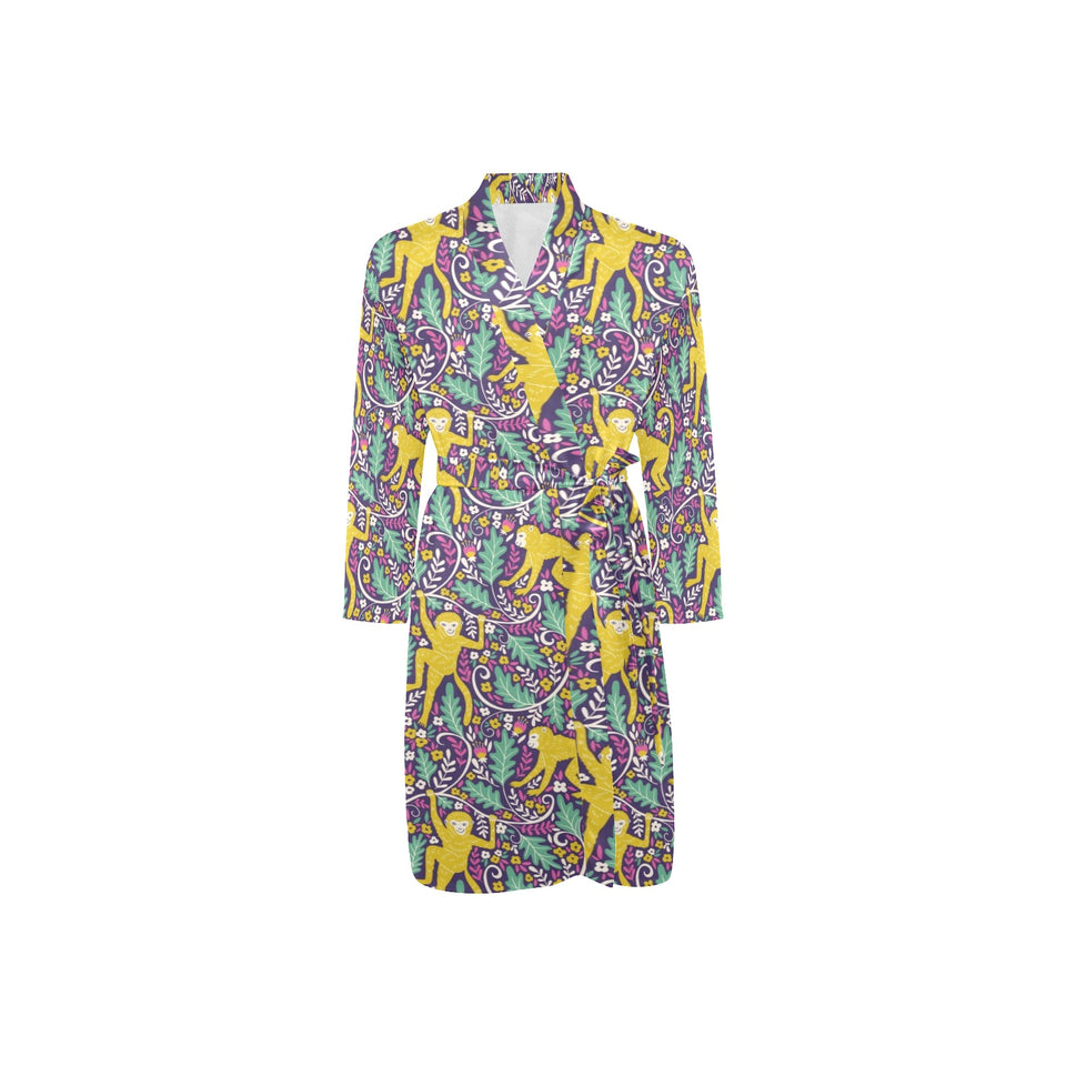Cute yellow monkey leaves pattern Men's Long Sleeve Belted Night Robe