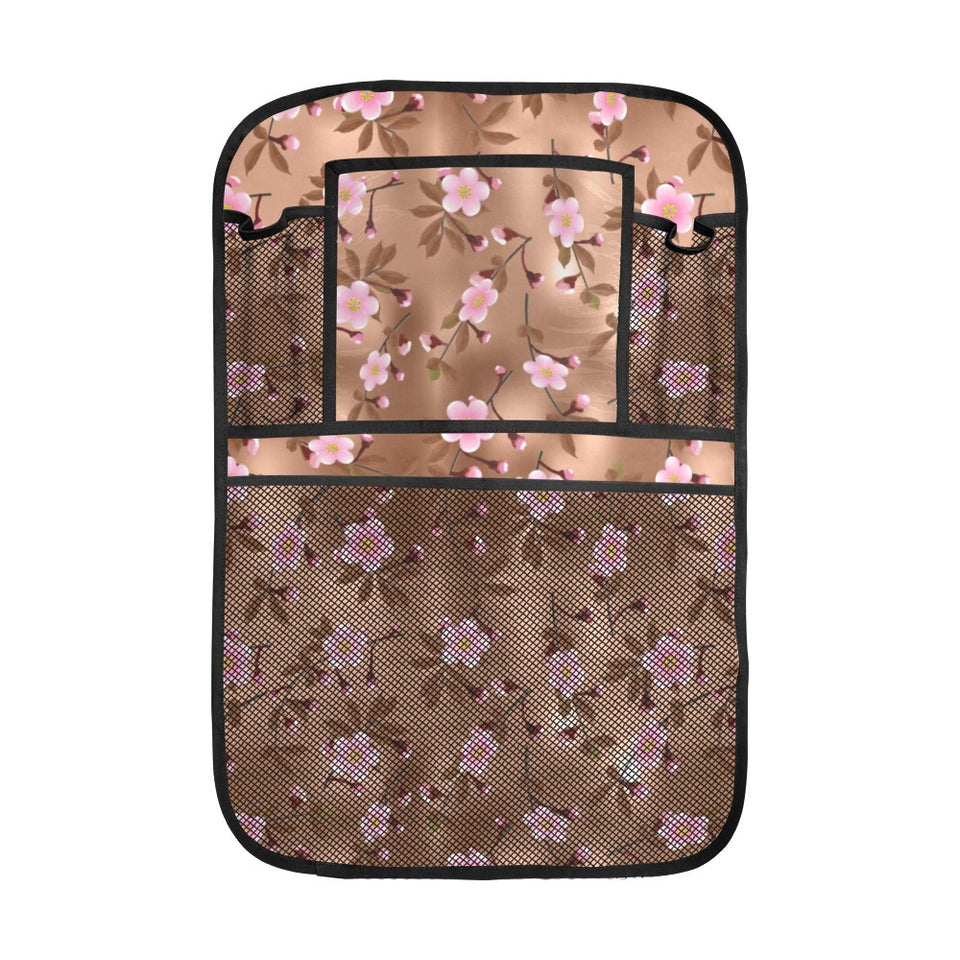 Pink sakura cherry blossom drak brown background Car Seat Back Organizer