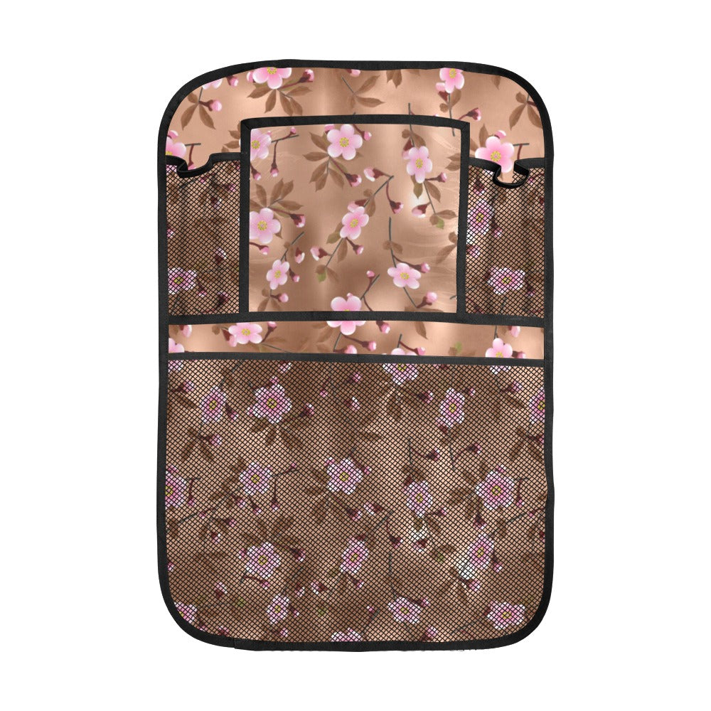 Pink sakura cherry blossom drak brown background Car Seat Back Organizer