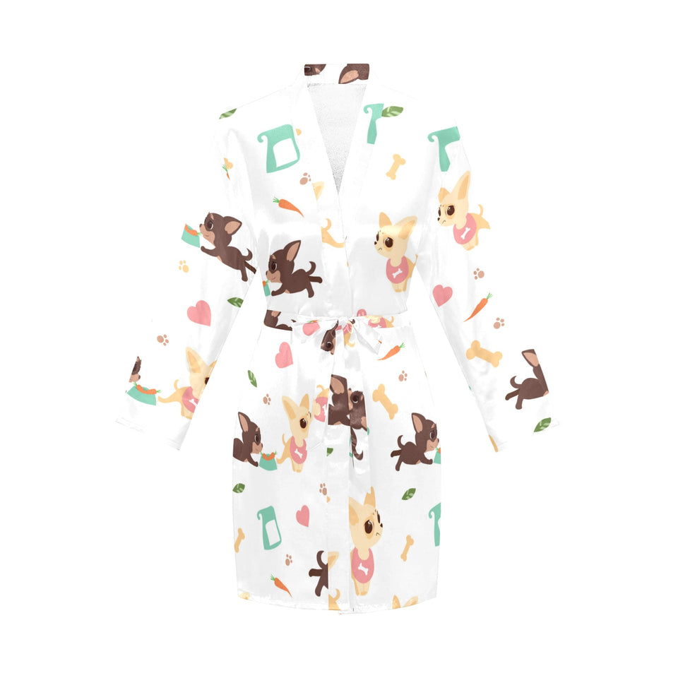 Cute Chihuahua puppie pattern Women's Long Sleeve Belted Night Robe