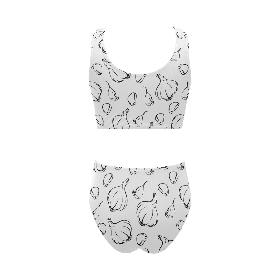 Garlic pattern black white Chest Bowknot High Waisted Bikini Swimsuit
