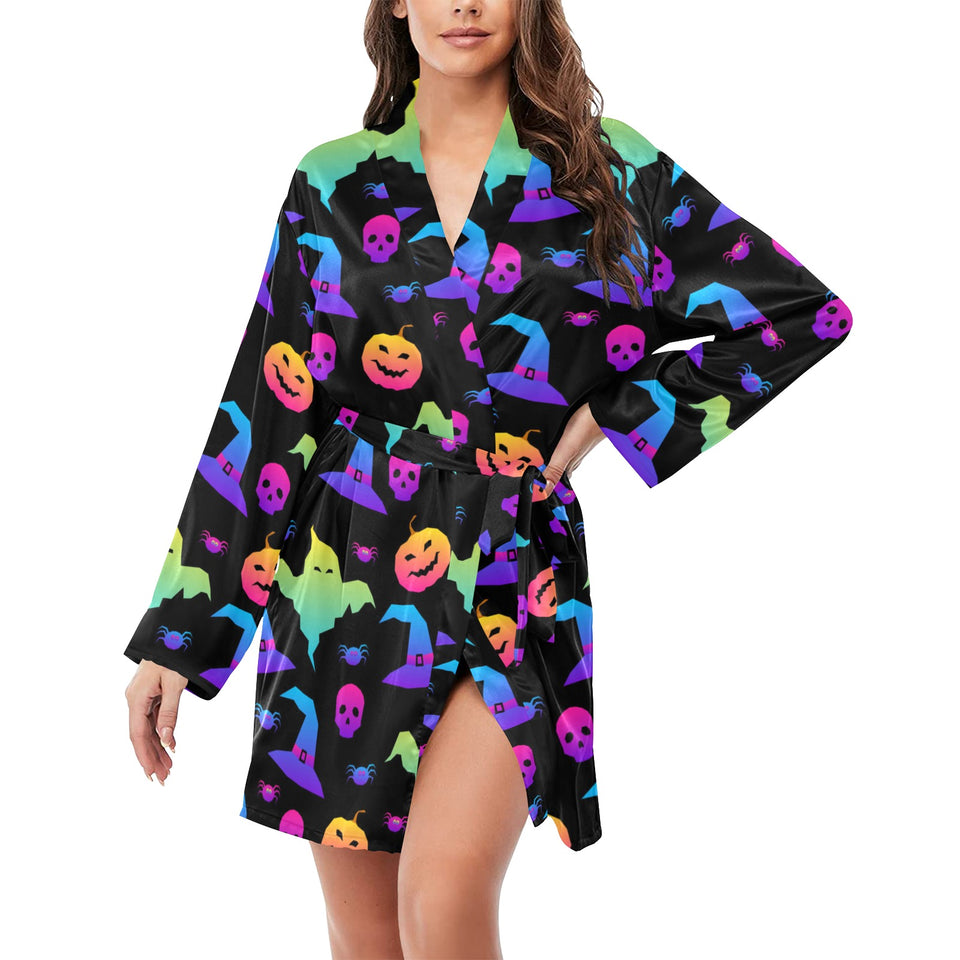 Colorful halloween background Women's Long Sleeve Belted Night Robe