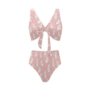 Cute white rabbit flower pink background Chest Bowknot High Waisted Bikini Swimsuit