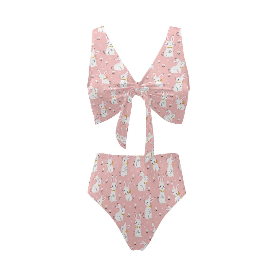 Cute white rabbit flower pink background Chest Bowknot High Waisted Bikini Swimsuit