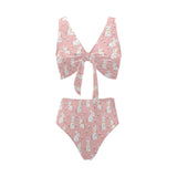 Cute white rabbit flower pink background Chest Bowknot High Waisted Bikini Swimsuit