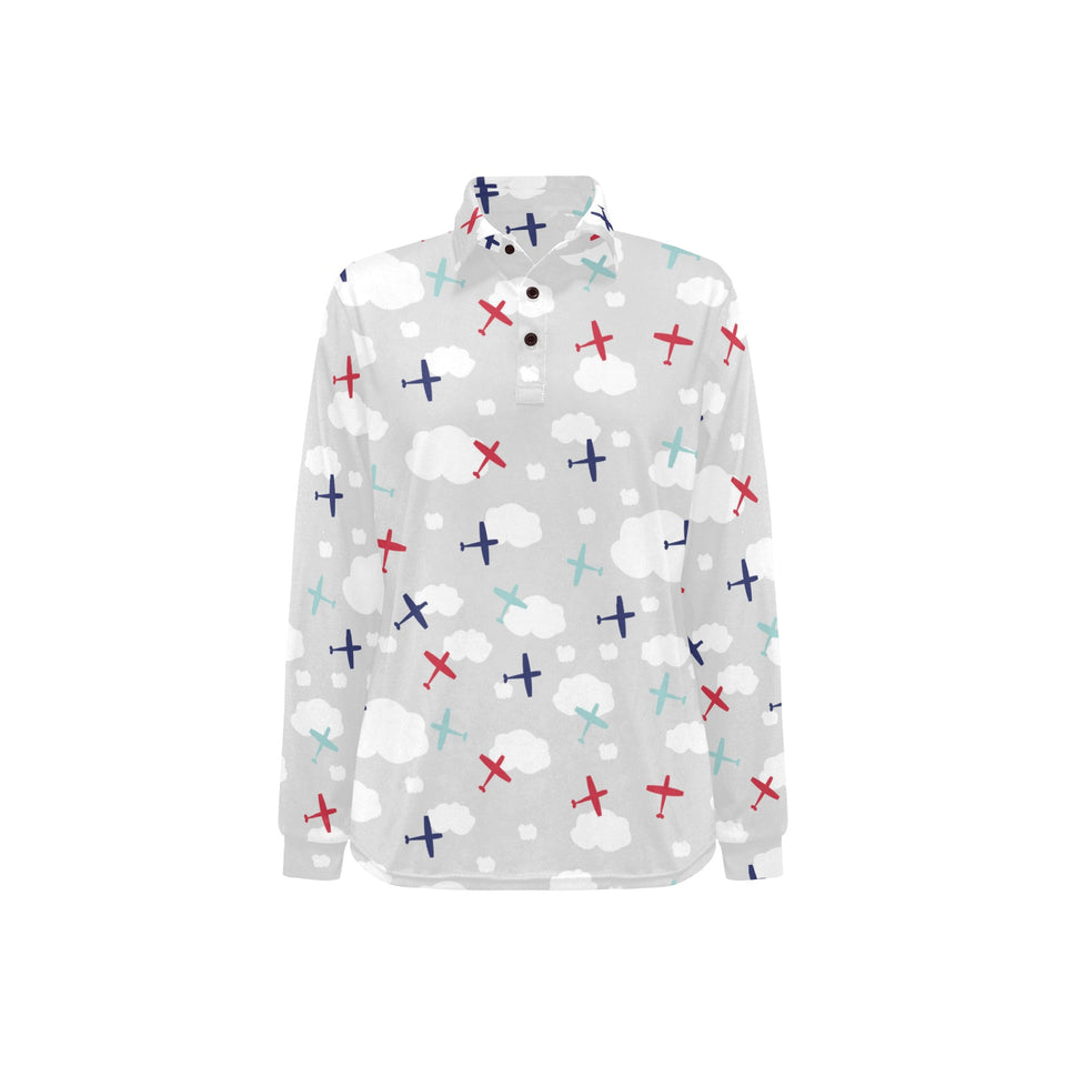 Airplane cloud grey background Women's Long Sleeve Polo Shirt