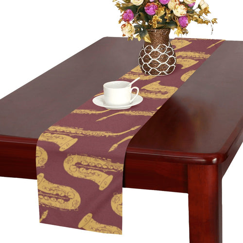 Hand drawn gold saxophone red background Table Runner