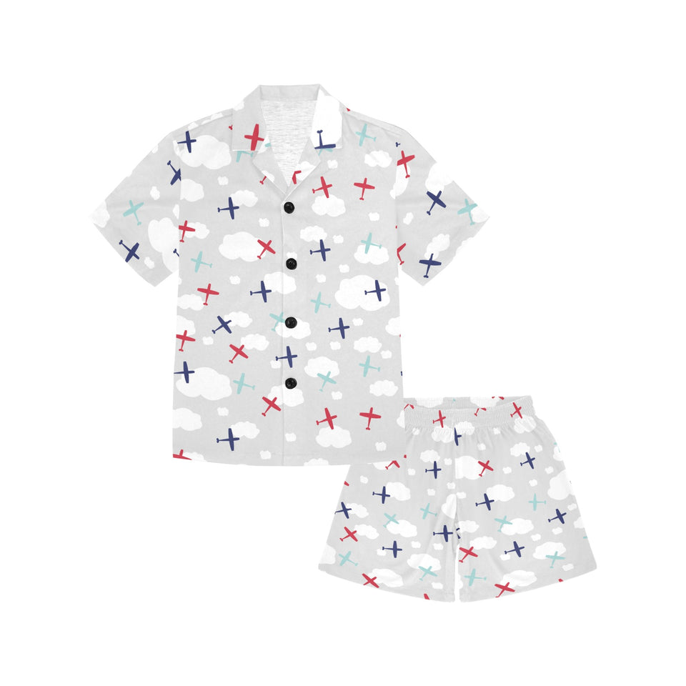 Airplane cloud grey background Kids' Boys' Girls' V-Neck Short Pajama Set
