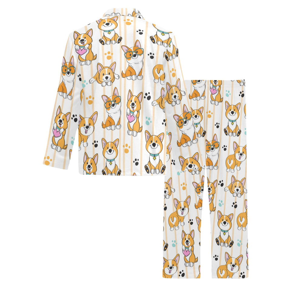Cute dog corgi striped background pattern Men's Long Pajama Set