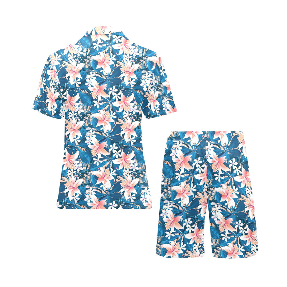 Hibiscus Pattern Print Design 02 Men's V-Neck Short Pajama Set