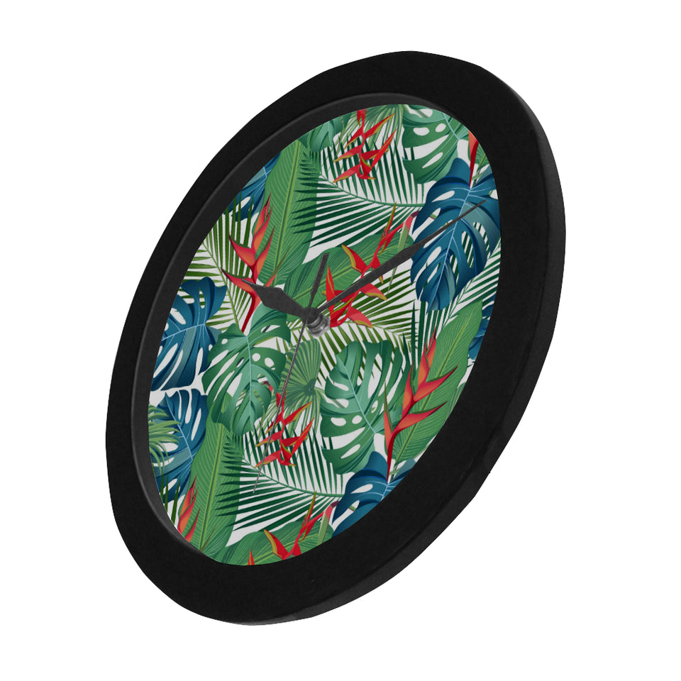 heliconia palm and monstera  leaves pattern Elegant Black Wall Clock