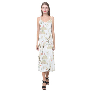 Beautiful Japanese cranes pattern V-Neck Open Fork Long Dress
