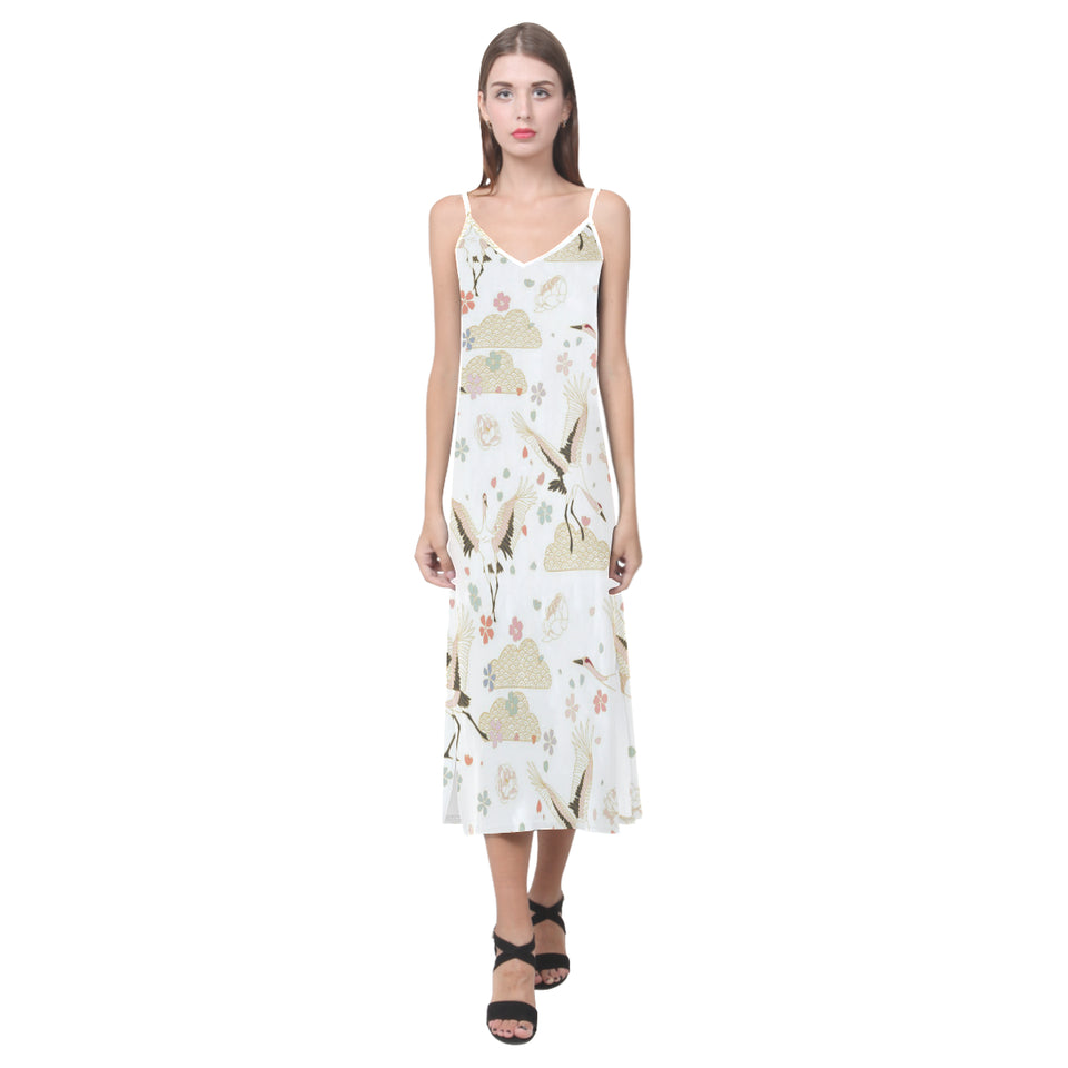 Beautiful Japanese cranes pattern V-Neck Open Fork Long Dress