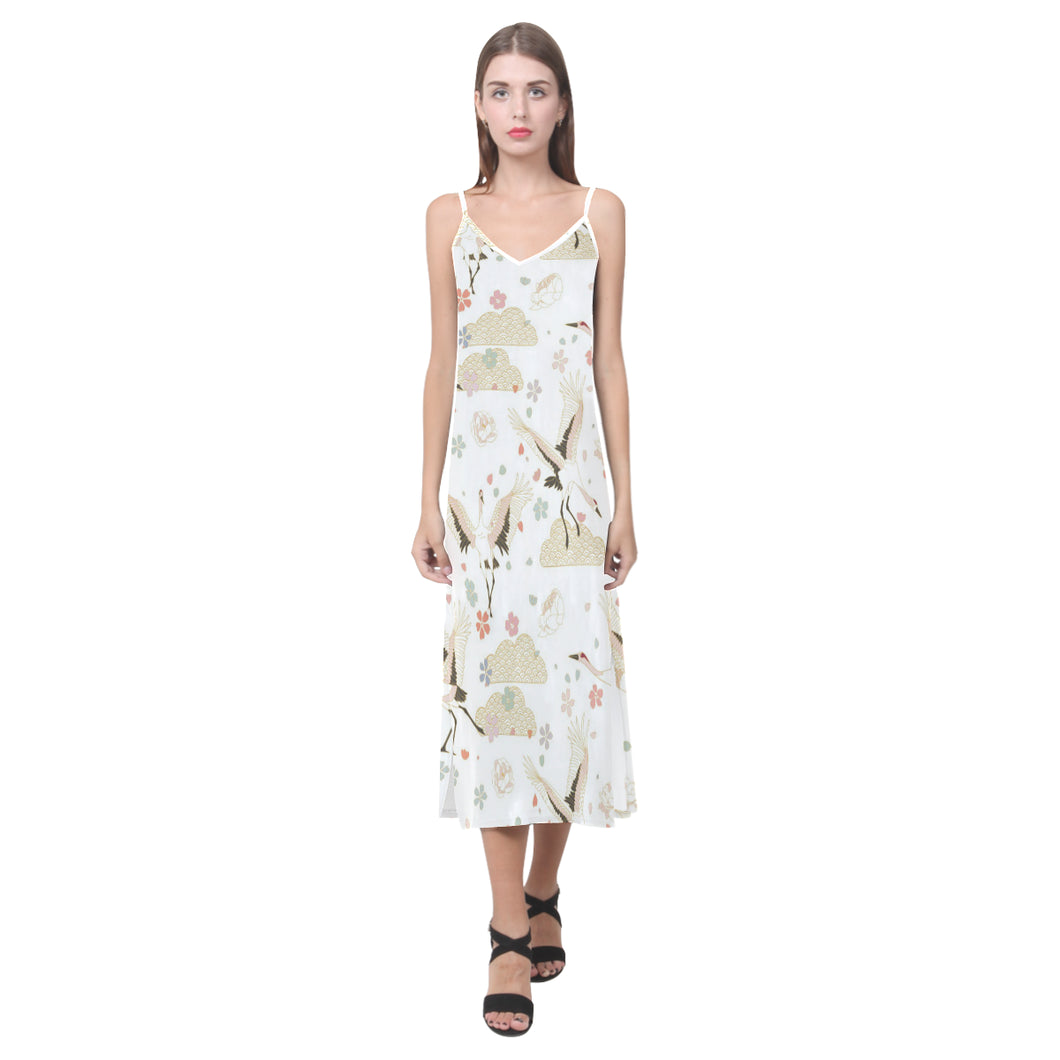 Beautiful Japanese cranes pattern V-Neck Open Fork Long Dress