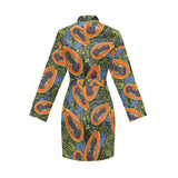 Colorful papaya tropical leaves Women's Long Sleeve Belted Night Robe