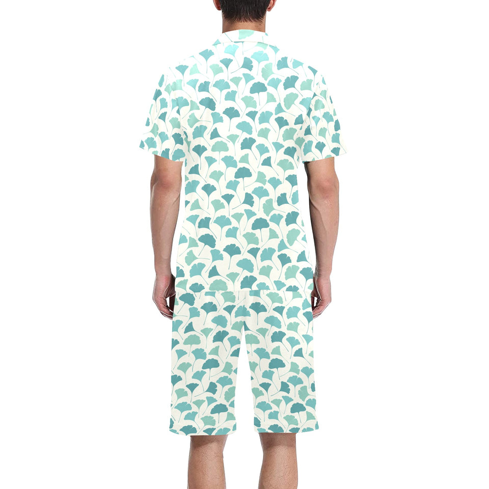 Green ginkgo leaves pattern Men's V-Neck Short Pajama Set
