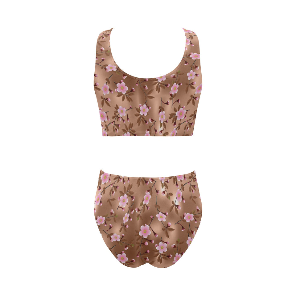 Pink sakura cherry blossom drak brown background Chest Bowknot High Waisted Bikini Swimsuit