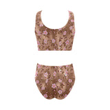 Pink sakura cherry blossom drak brown background Chest Bowknot High Waisted Bikini Swimsuit