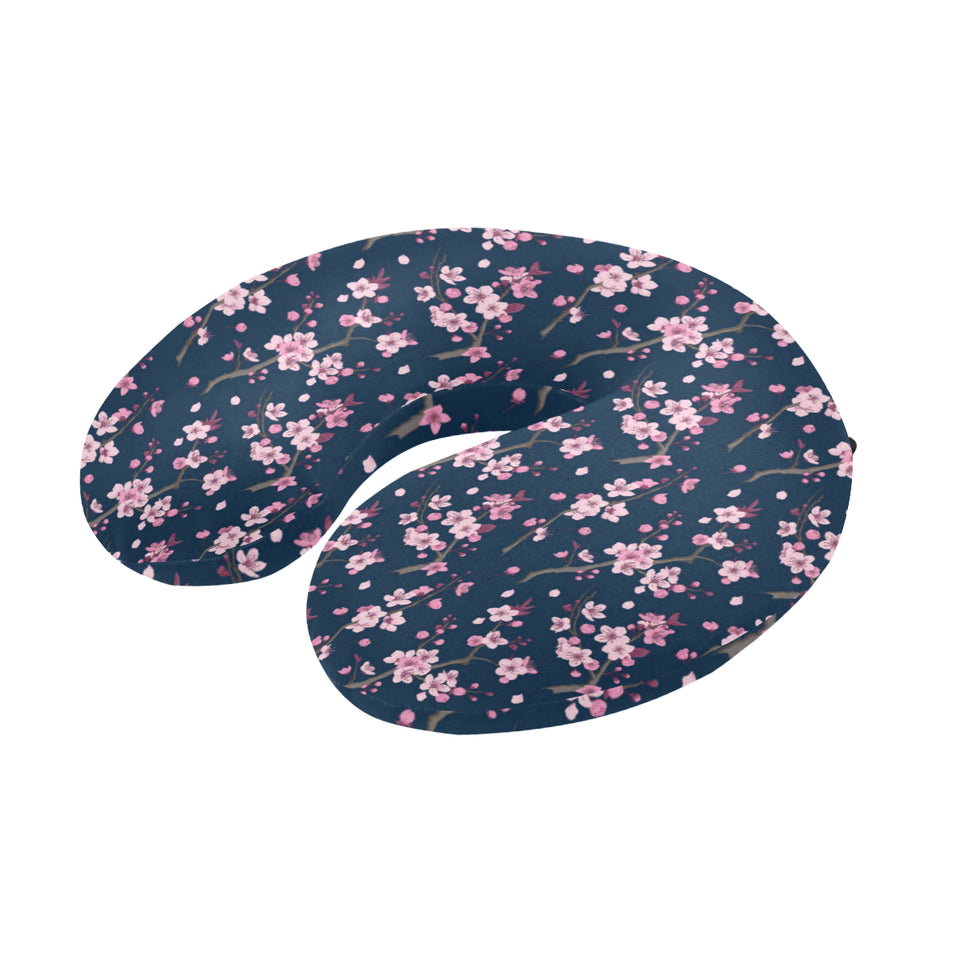 Pink sakura cherry blossom blue background U-Shaped Travel Neck Pillow