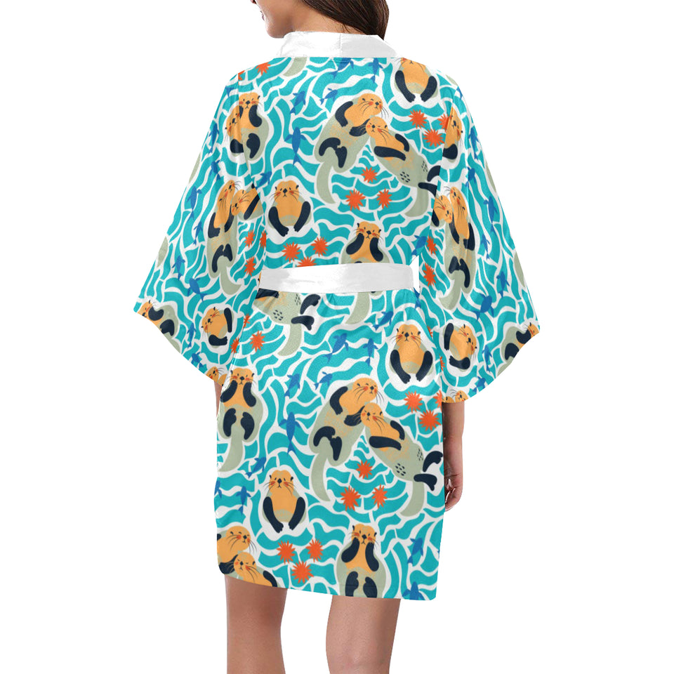 Cute sea otters fishe sea urchin pattern Women's Short Kimono Robe