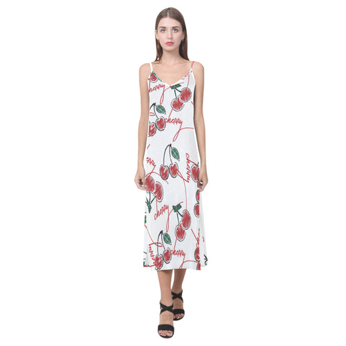Hand drawn cherry pattern V-Neck Open Fork Long Dress