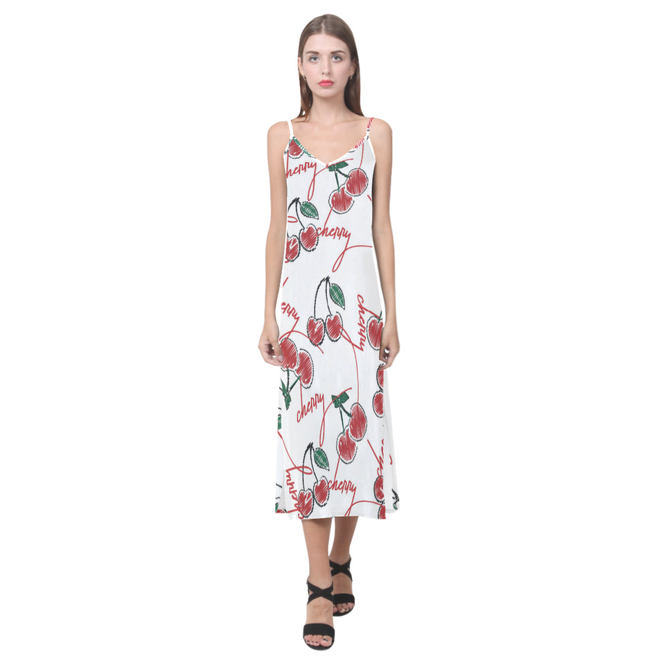 Hand drawn cherry pattern V-Neck Open Fork Long Dress