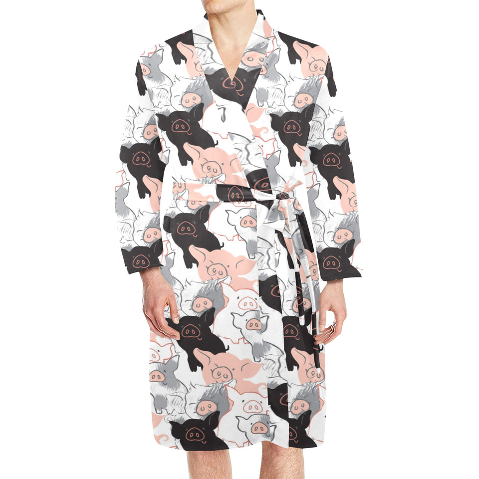 Pig Pattern Print Design 05 Men's Long Sleeve Belted Night Robe