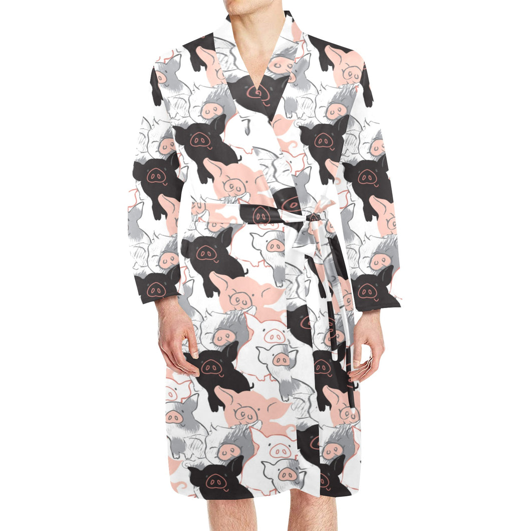 Pig Pattern Print Design 05 Men's Long Sleeve Belted Night Robe