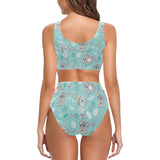 Cute koalas blue background pattern Chest Bowknot High Waisted Bikini Swimsuit
