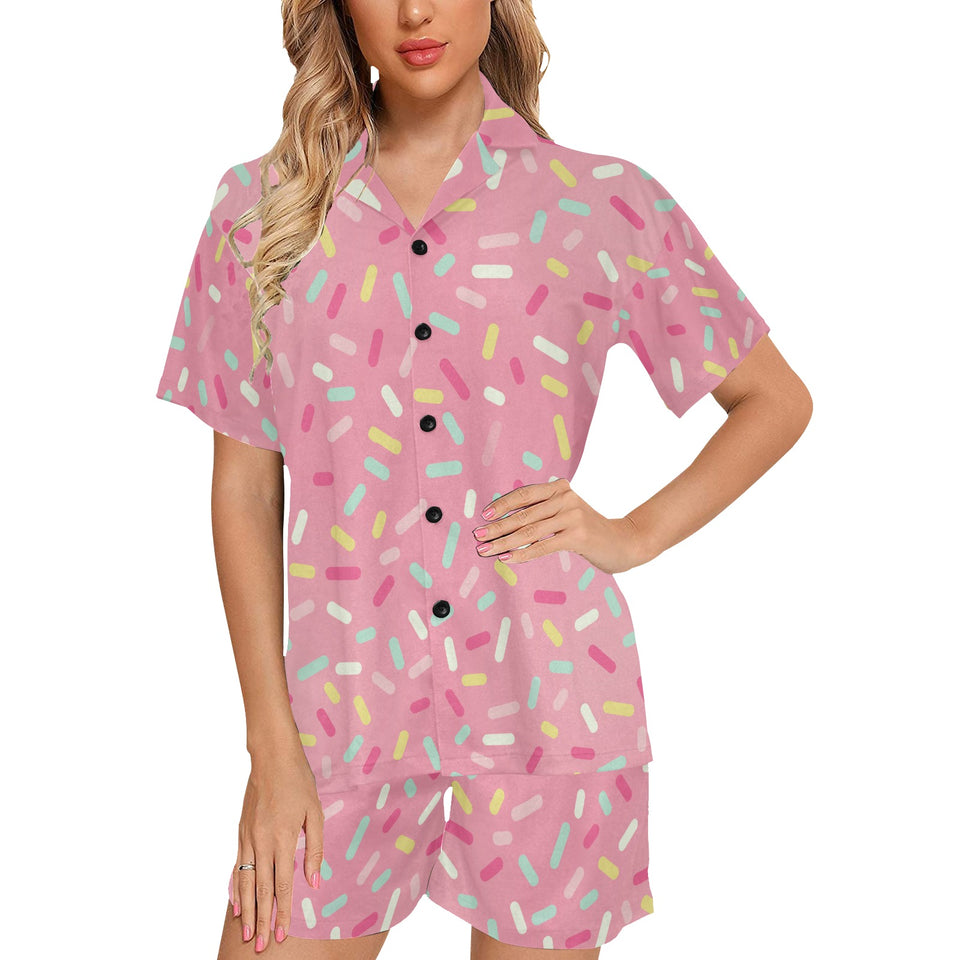 Pink donut glaze candy pattern Women's V-Neck Short Pajama Set
