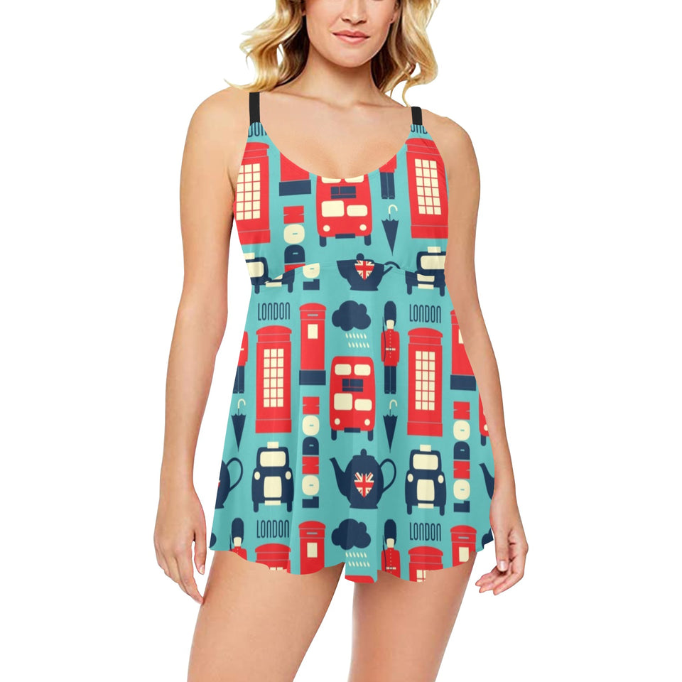 British Pattern Print Design 04 Chest Sexy Pleated Two Piece Swim Dress