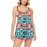 British Pattern Print Design 04 Chest Sexy Pleated Two Piece Swim Dress