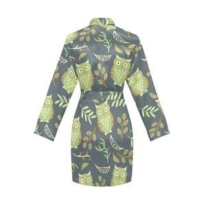 Cute owls leaves pattern Women's Long Sleeve Belted Night Robe