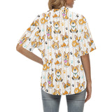 Cute dog corgi striped background pattern Women's All Over Print Hawaiian Shirt