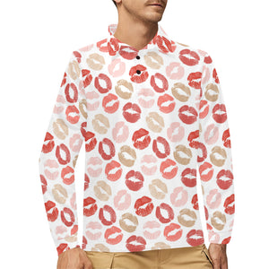 Lips Pattern Print Design 04 Men's Long Sleeve Polo Shirt