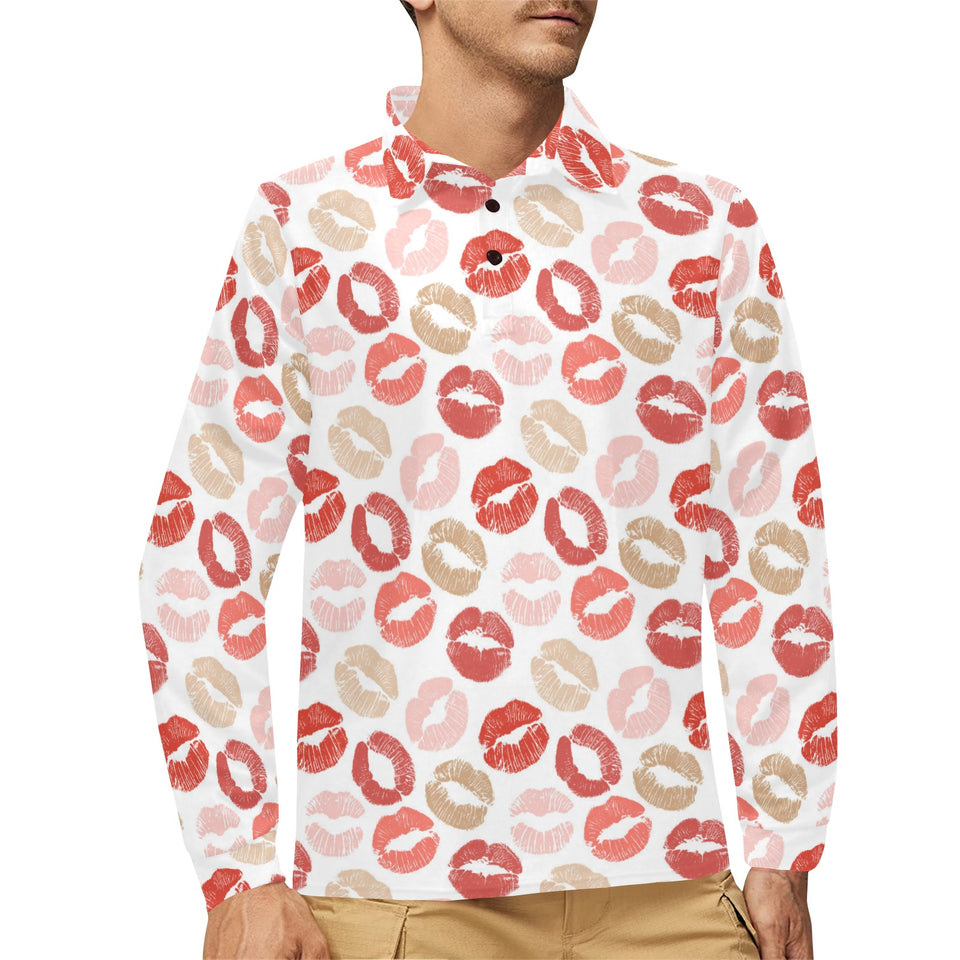 Lips Pattern Print Design 04 Men's Long Sleeve Polo Shirt
