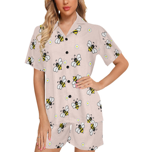 Cute bee flower pattern pink background Women's V-Neck Short Pajama Set