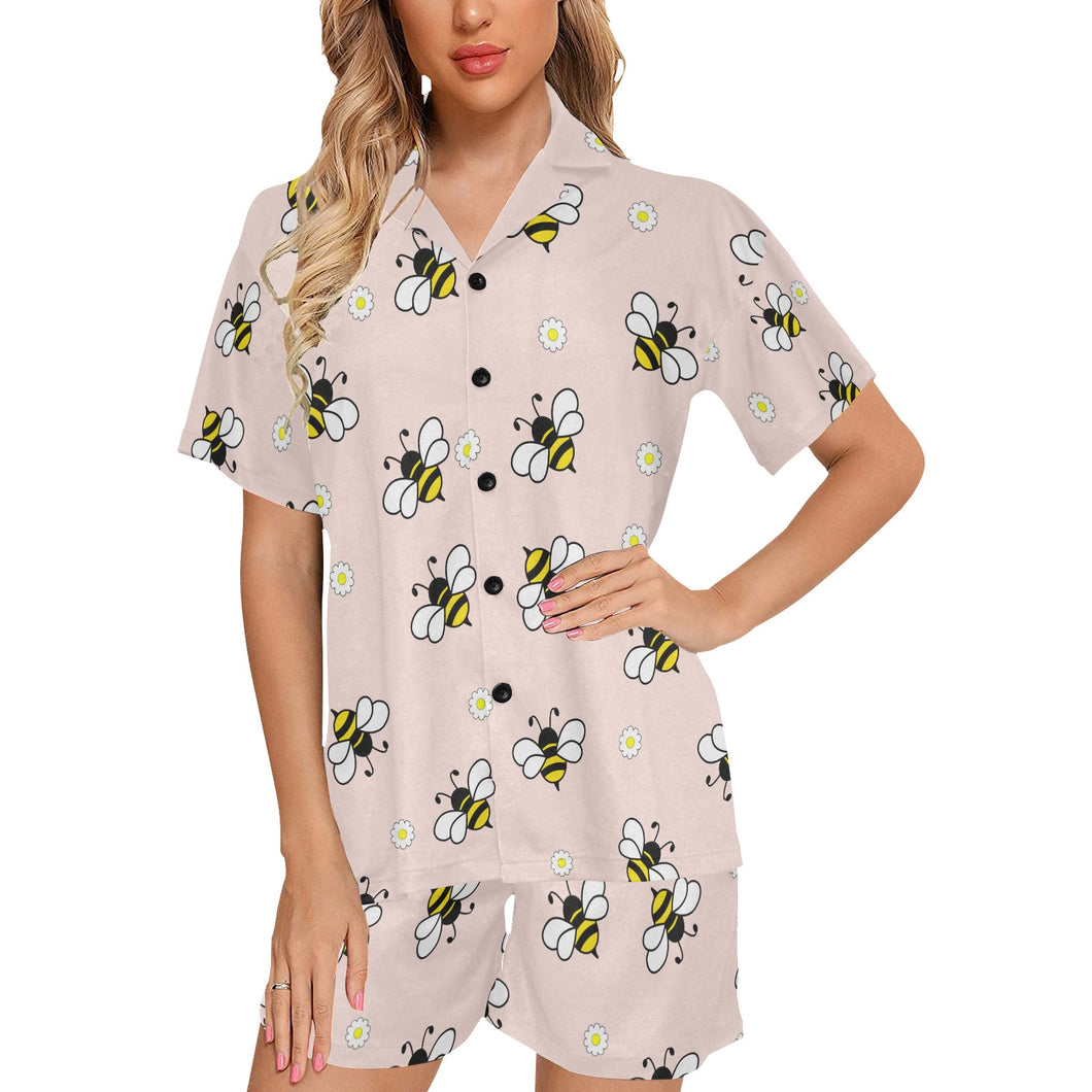 Cute bee flower pattern pink background Women's V-Neck Short Pajama Set