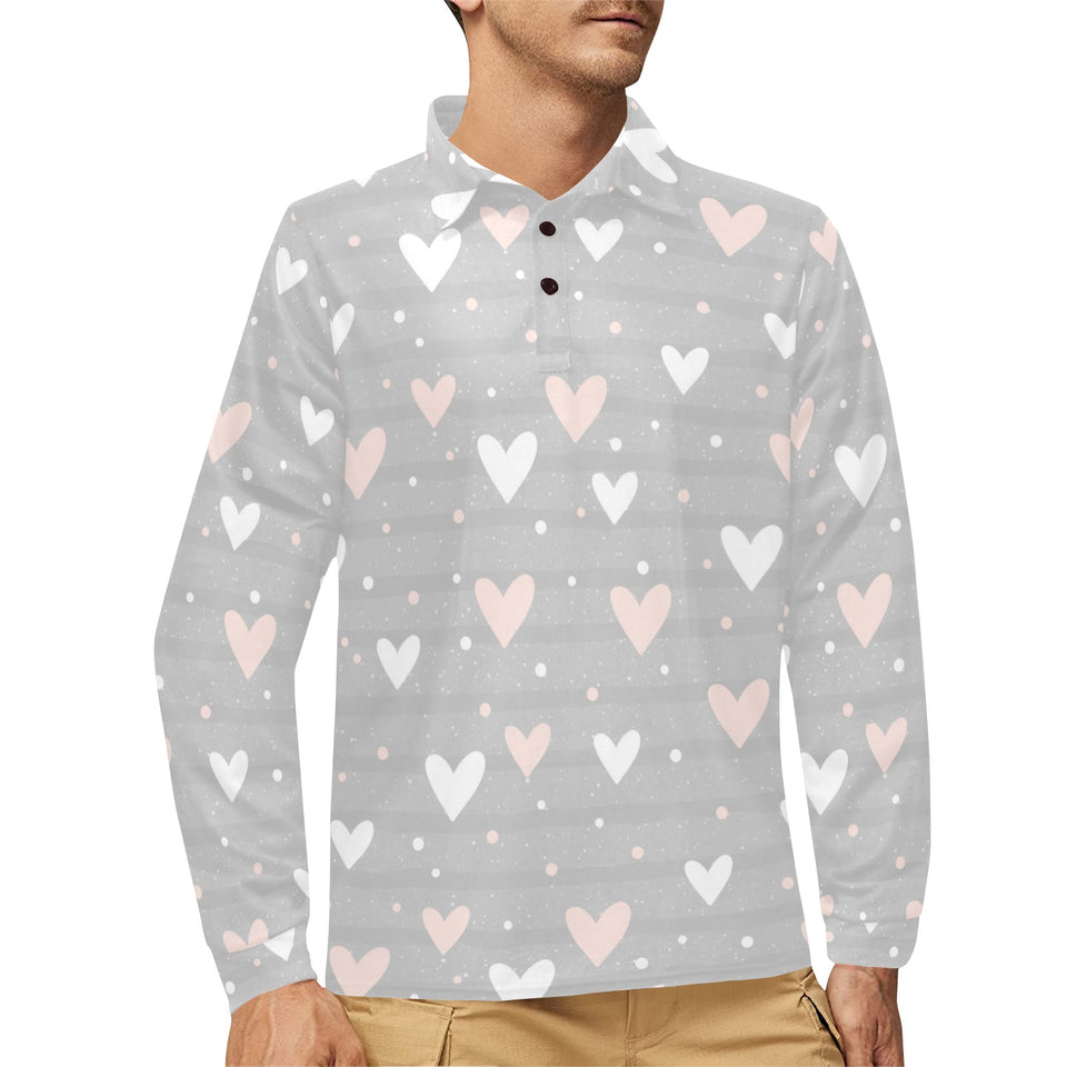 Heart pattern gray background Men's Long Sleeve Polo Shirt