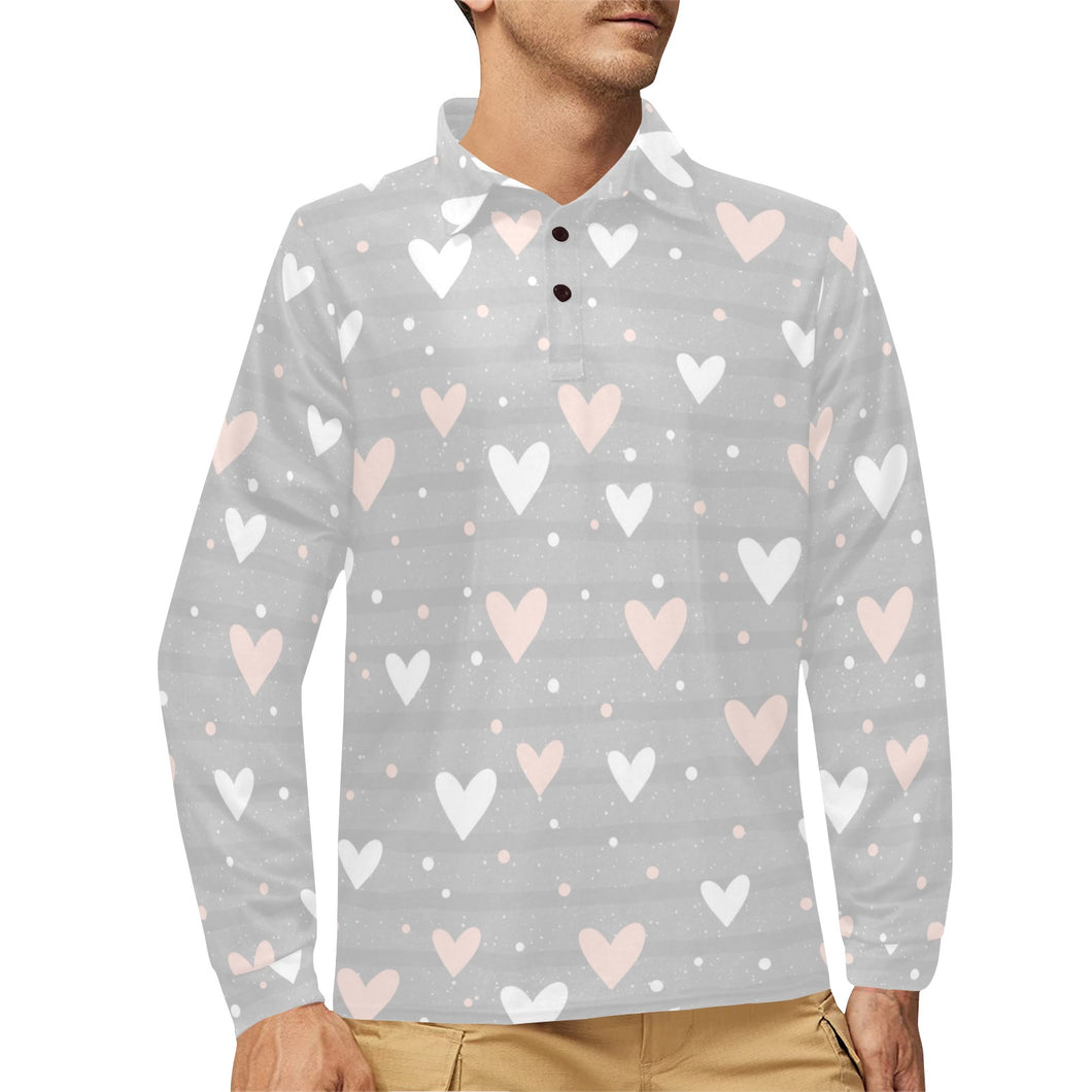 Heart pattern gray background Men's Long Sleeve Polo Shirt