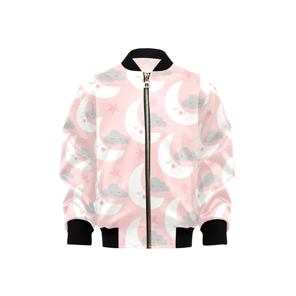 Cute moon cloud star pattern pink dot background Kids' Boys' Girls' Bomber Jacket