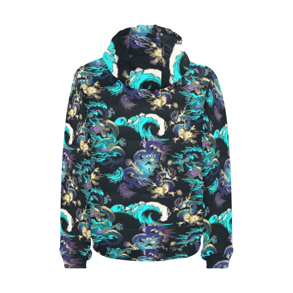 Dragon sea wave pattern Men's Padded Hooded Jacket