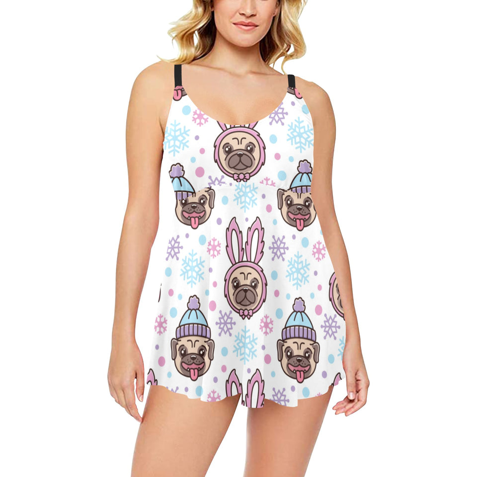 Cute pug hat rabbit costume pattern Chest Sexy Pleated Two Piece Swim Dress