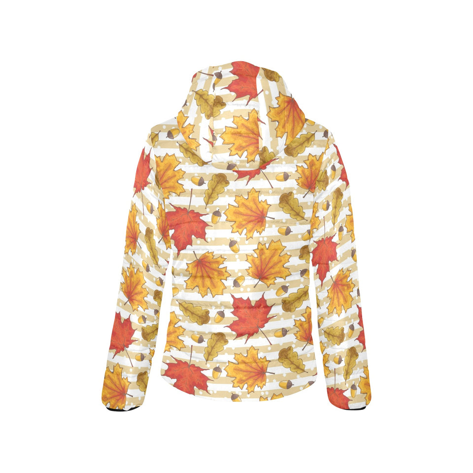 Maple leaf oak leaf acorns beige striped backgroun Women's Padded Hooded Jacket
