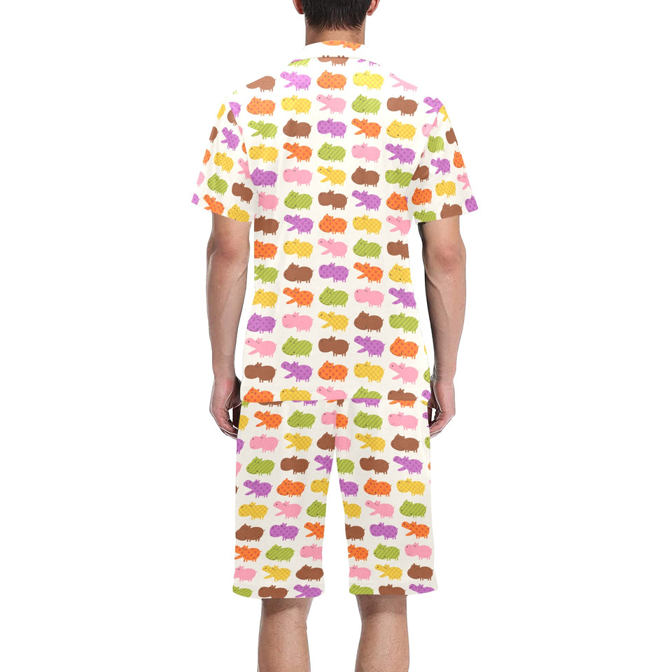 Hippopotamus Pattern Print Design 01 Men's V-Neck Short Pajama Set
