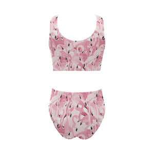 Pink flamingos pattern background Chest Bowknot High Waisted Bikini Swimsuit