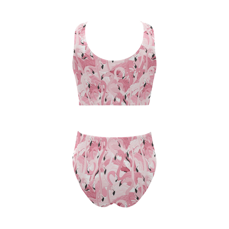 Pink flamingos pattern background Chest Bowknot High Waisted Bikini Swimsuit
