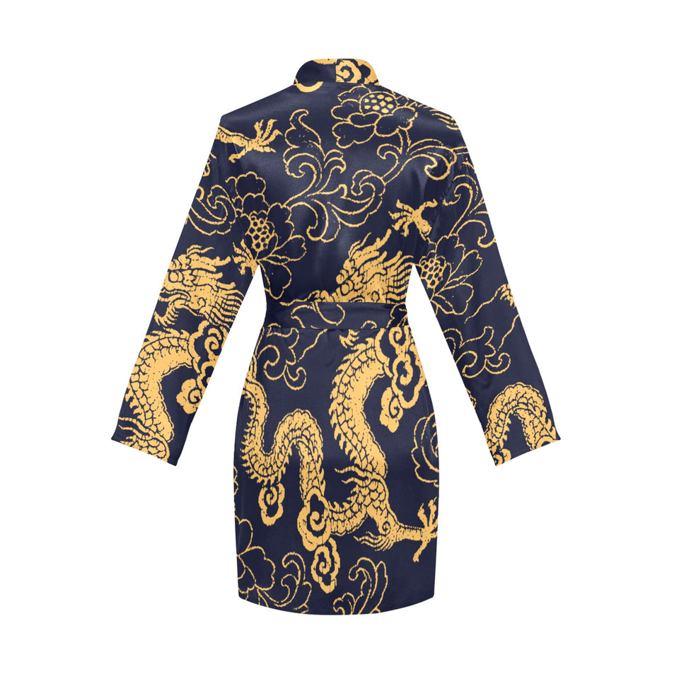 Gold dragon pattern Women's Long Sleeve Belted Night Robe