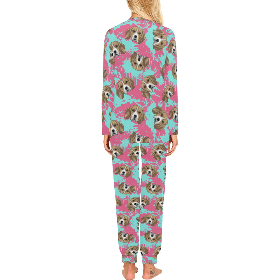 Beagle muzzles turquoise paint splashes pink patte Women's All Over Print Pajama Set